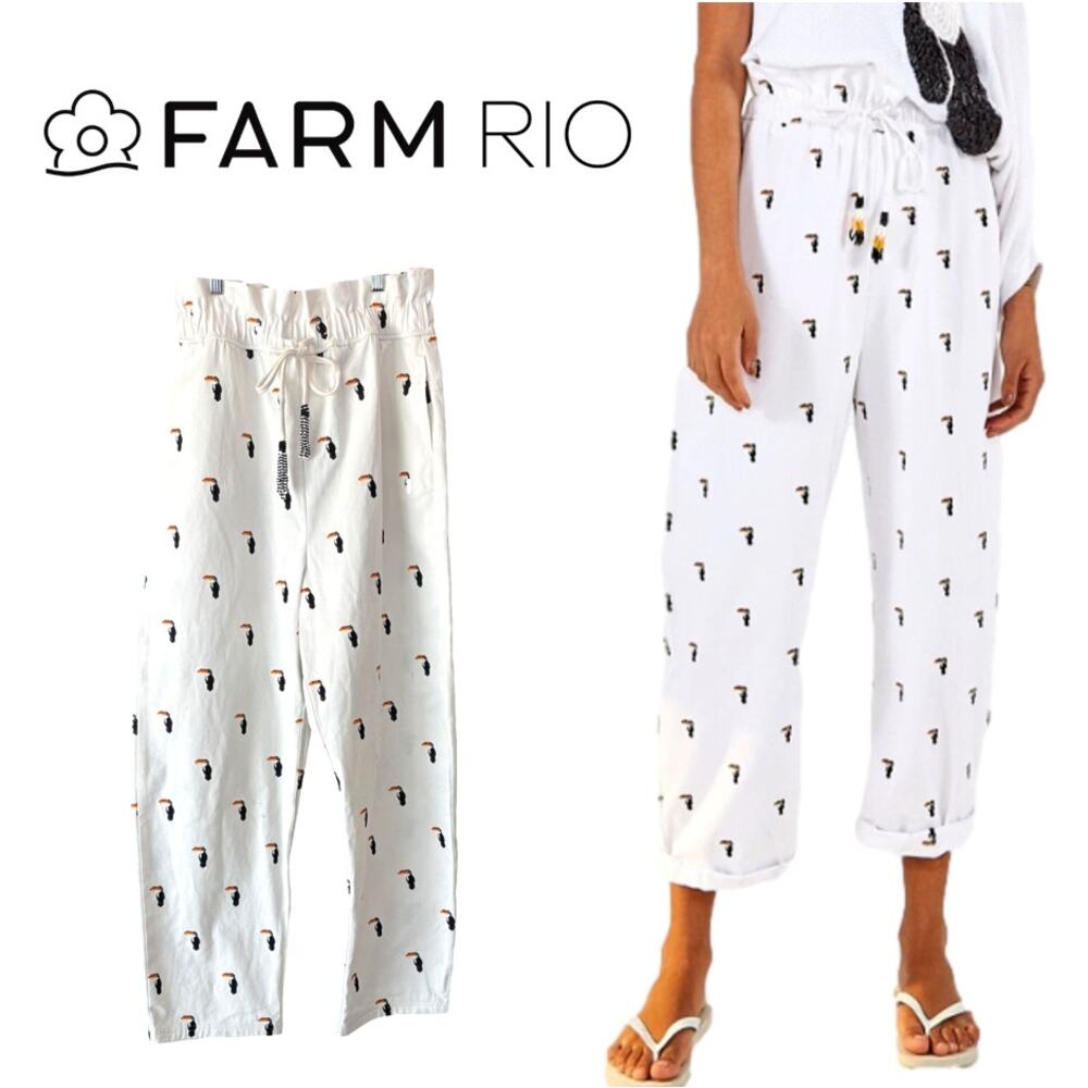New Farm Rio Embroidered Beaded Tucano Toucan Pants White Size Small - Picture 2 of 11